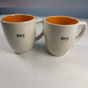 Rae Dunn Coffee Mug Happy NEW Orange; set of 2, Artesian Collection by Magenta